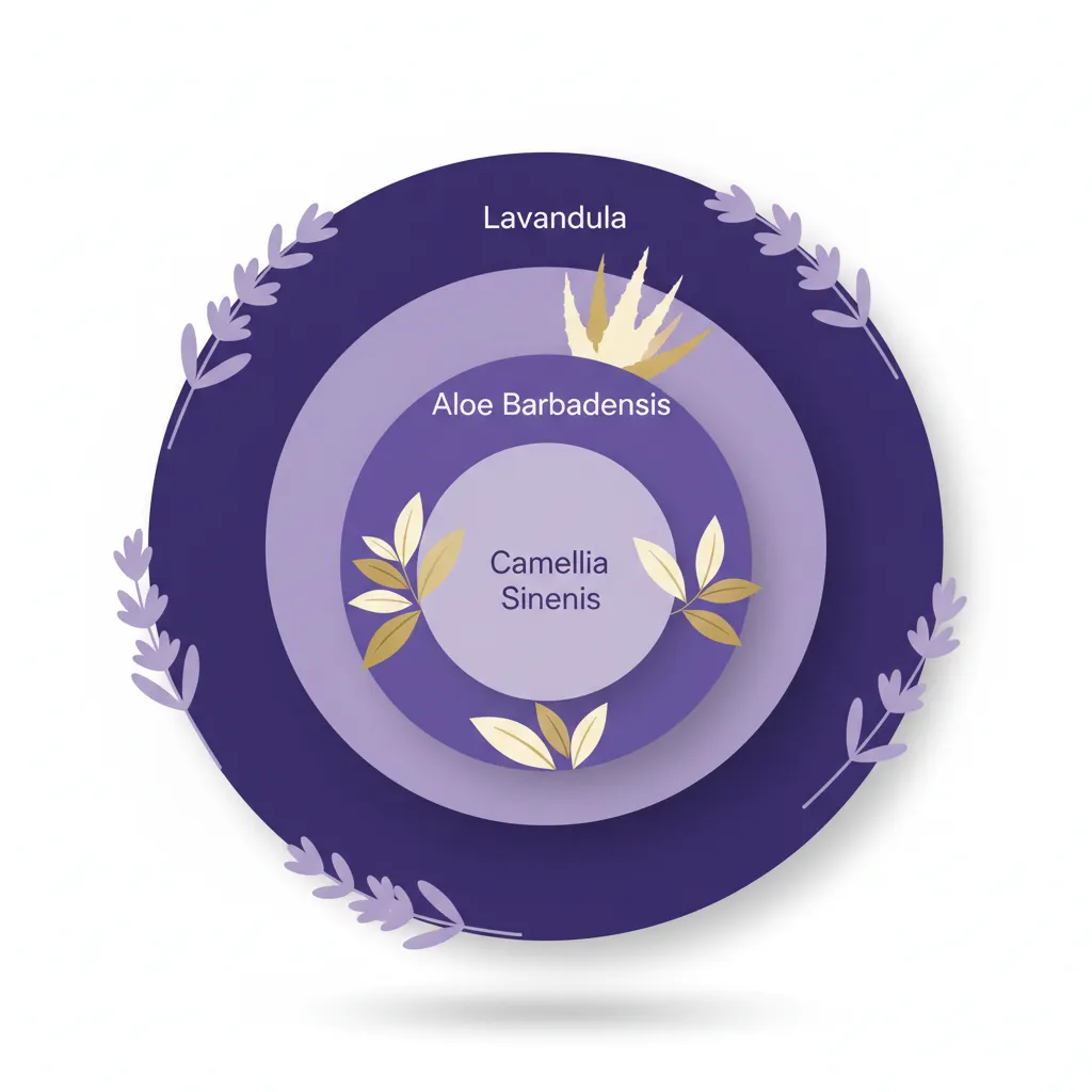 Abstract botanical infographic showing concentric circles with plant ingredient names and leaf motifs in purple tones